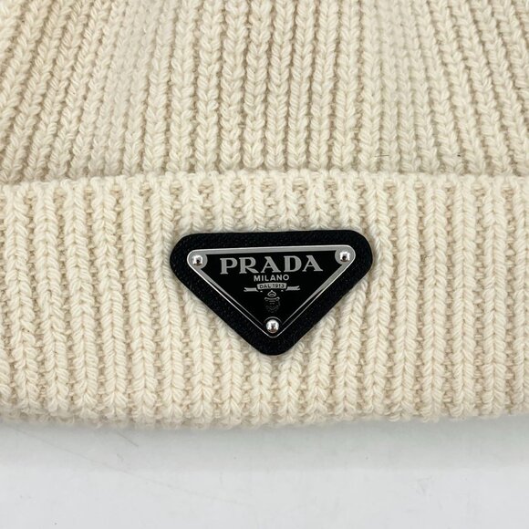 H17888 Prada Beige Triangle Logo Wool Knitted Beanie Hat 50cm - Picture 6 of 9